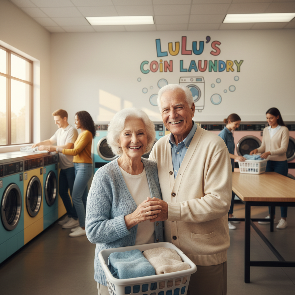 Smiling seniors at LuLu's Coin Laundry