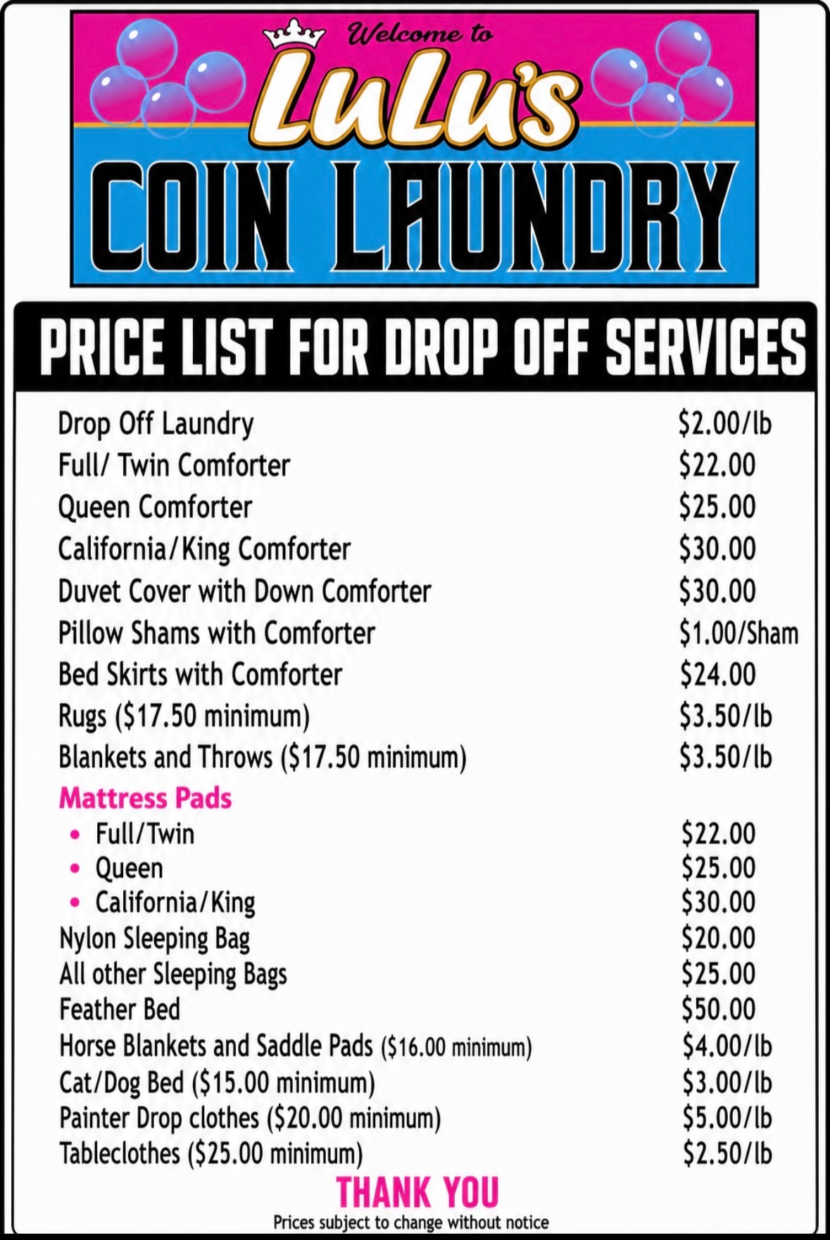 LuLu's Coin Laundry drop-off service price list